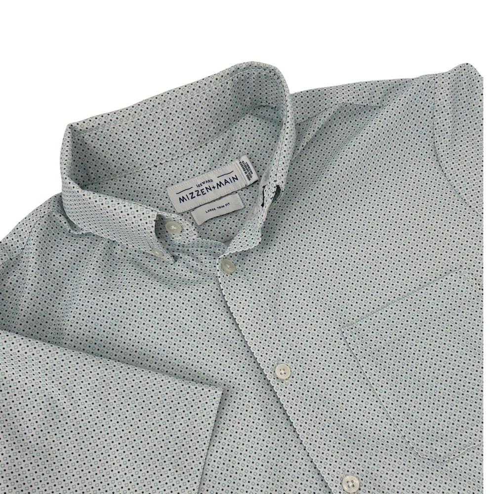 Mizzen+Main Leeward Shirt Mens Large Trim Fit Short Sleeve Blue White Geometric